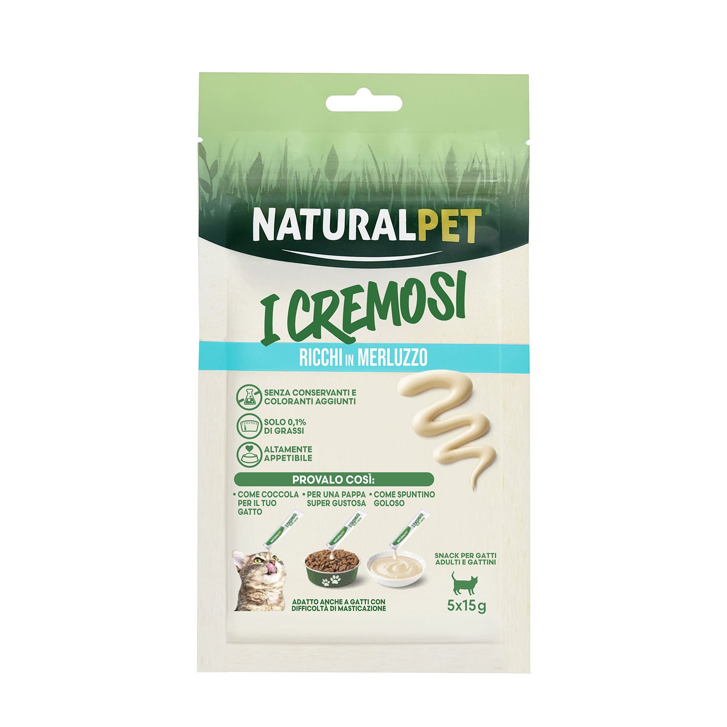 Naturalpet Cat Snack I Cremosi ricchi in Merluzzo 5x15gr