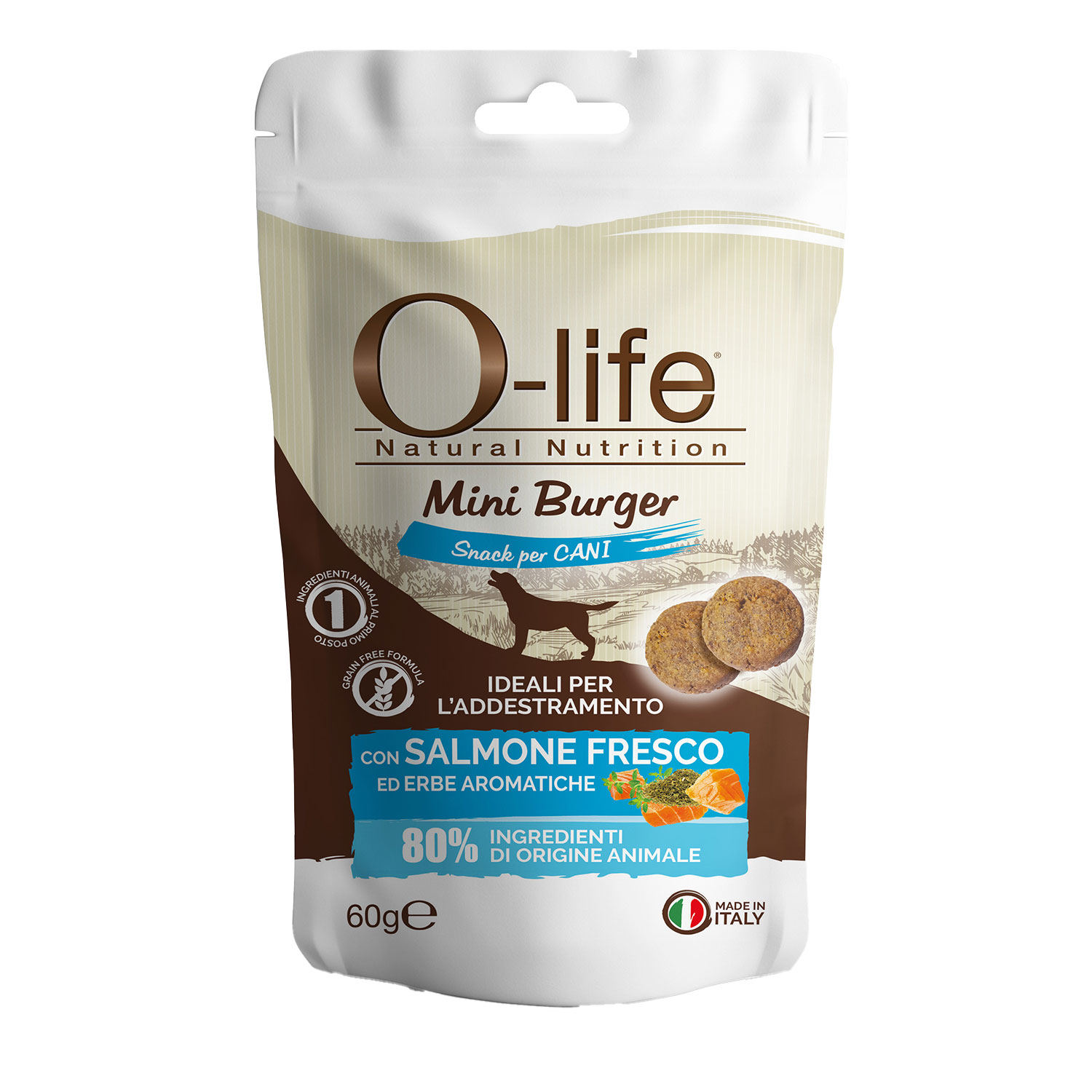 O-life Dog Mini Burger con Salmone fresco ed Erbe aromatiche 60gr