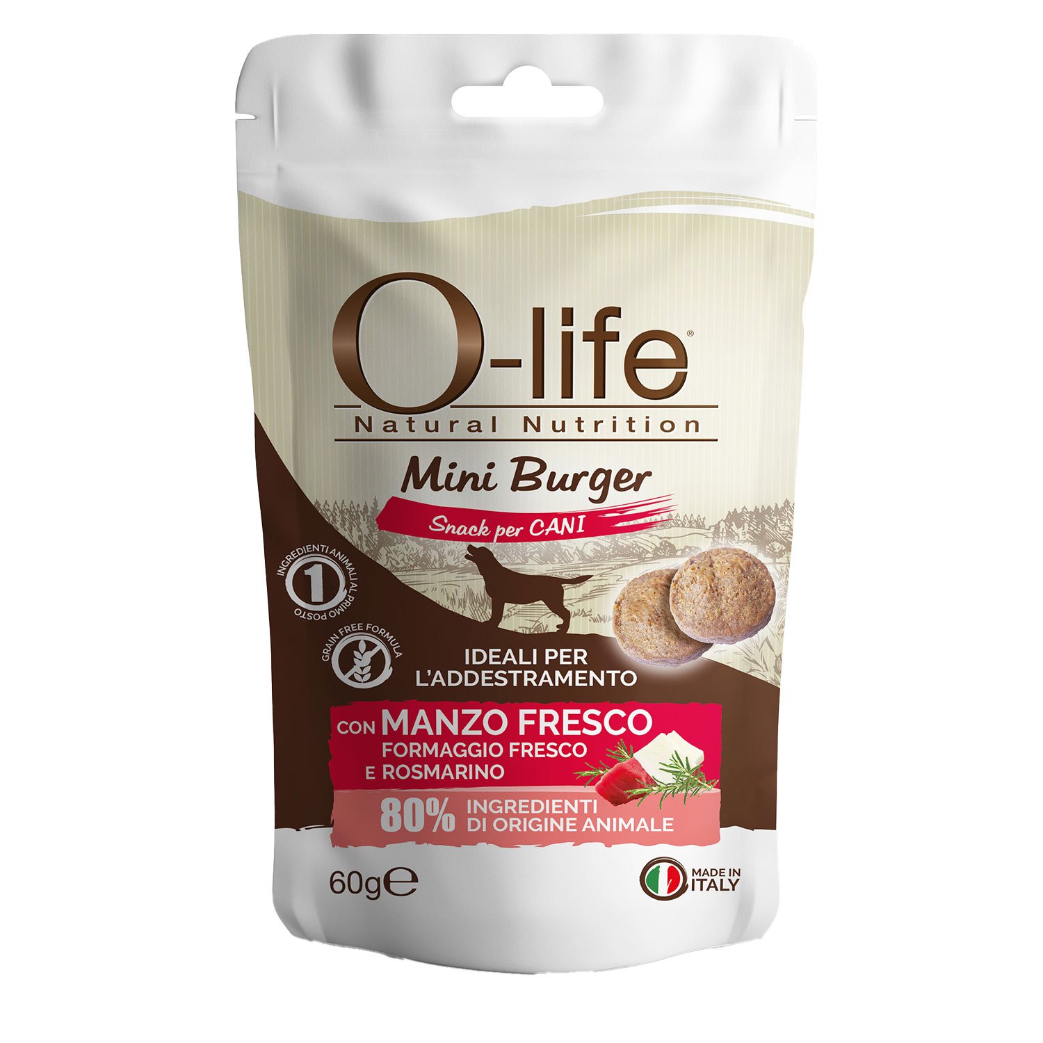 O-life Dog Snack Mini Burger con Manzo fresco, Formaggio fresco e Rosmarino 60 gr