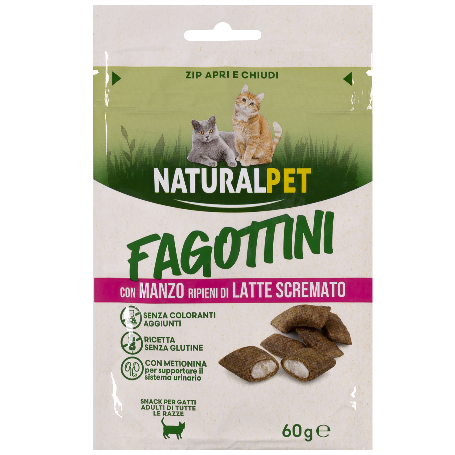 Naturalpet Snack Cat Sterilised Fagottini con Manzo ripieni di Latte scremato 60gr