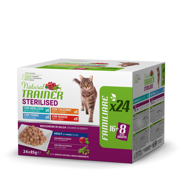 Natural Trainer Bocconcini per Gatti Adulti Steril con Merluzzo, Tacchino, Tonno e Manzo 85grx24pz