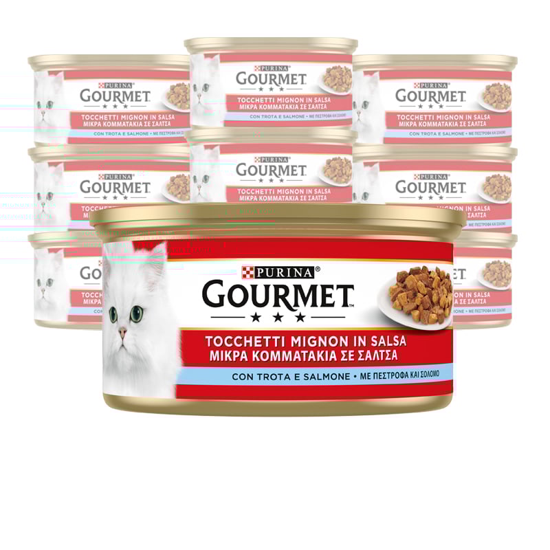 Gourmet Rosso Cat Adult Tocchetti Mignon in Salsa con Salmone e Trota 195 gr