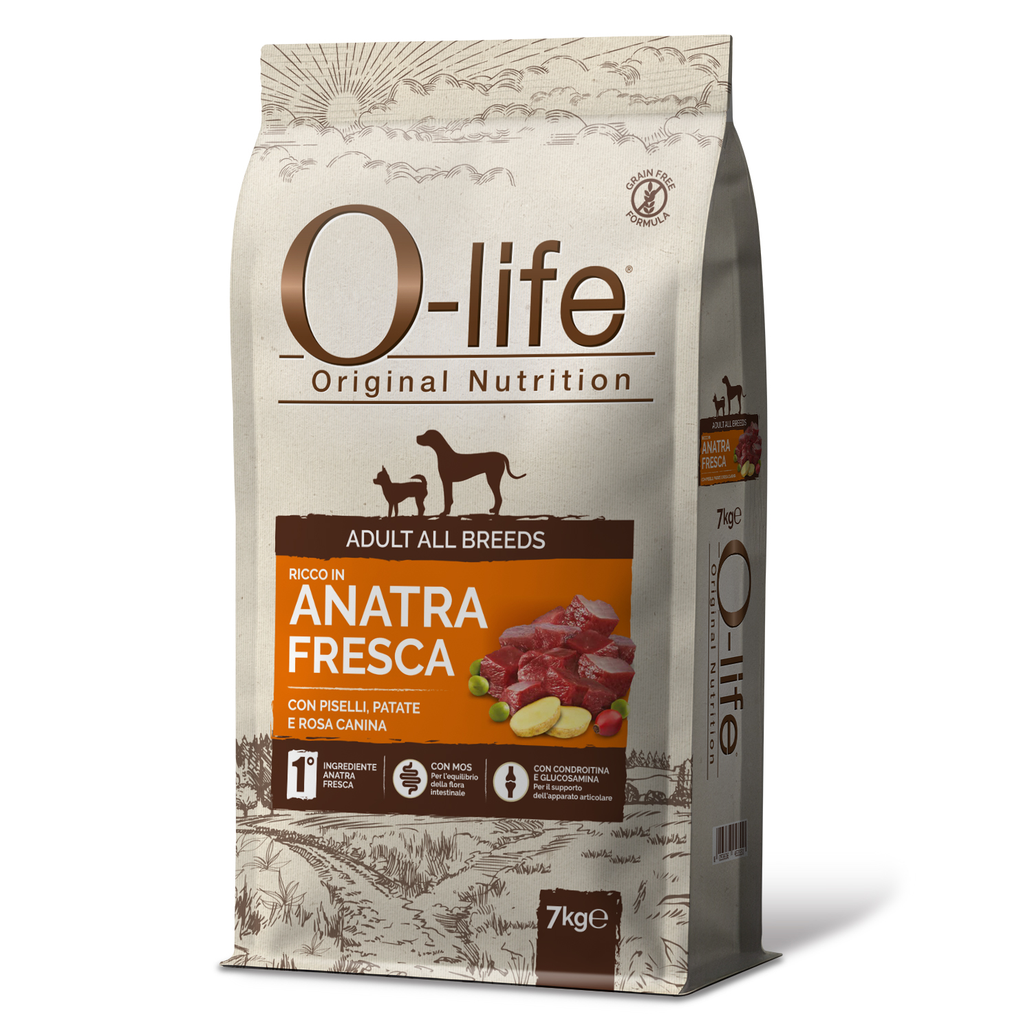 O-life Dog All breeds ricco in Anatra fresca con piselli, patate e rosa canina 7kg img